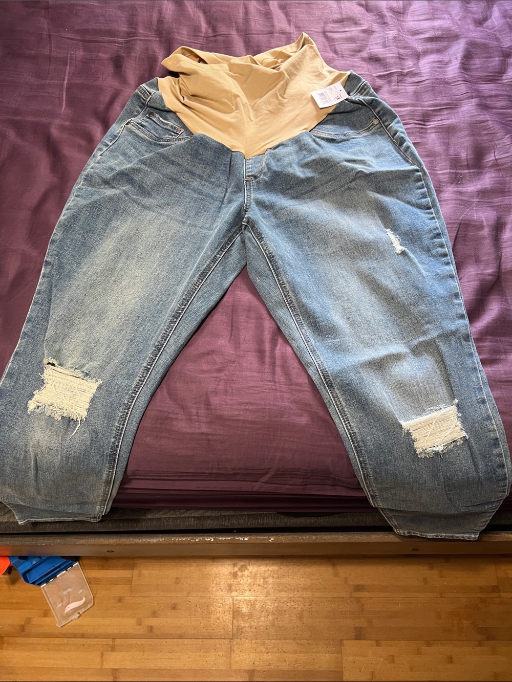 Maternity Distressed Light Blue Denim Jeans with Stretch Waist